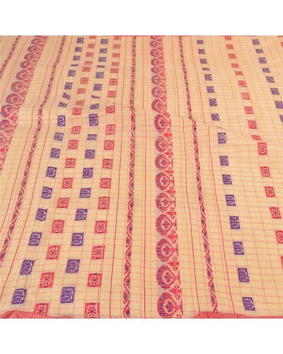 Sanskriti Vintage Sarees Pure Silk Handwoven Assam Gamosa Sari Premium Fabric, PS-58120-Cream-Hand Embroidered-Pure Silk-3