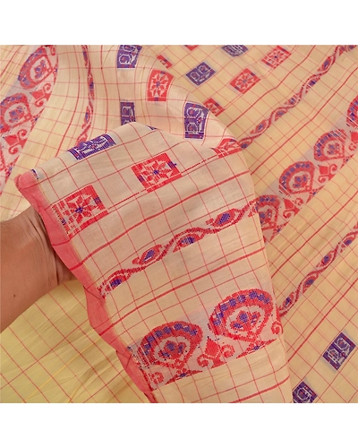 Sanskriti Vintage Sarees Pure Silk Handwoven Assam Gamosa Sari Premium Fabric, PS-58120-Cream-Hand Embroidered-Pure Silk-4
