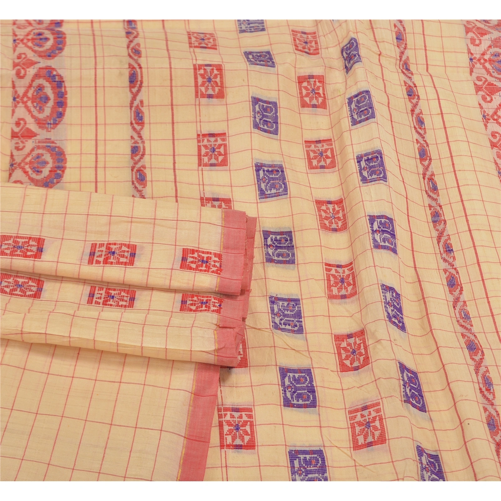 Sanskriti Vintage Sarees Pure Silk Handwoven Assam Gamosa Sari Premium Fabric, PS-58120-Cream-Hand Embroidered-Pure Silk-7