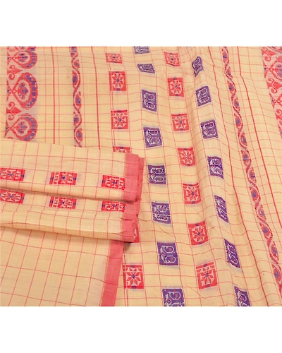 Sanskriti Vintage Sarees Pure Silk Handwoven Assam Gamosa Sari Premium Fabric, PS-58120-Cream-Hand Embroidered-Pure Silk-7