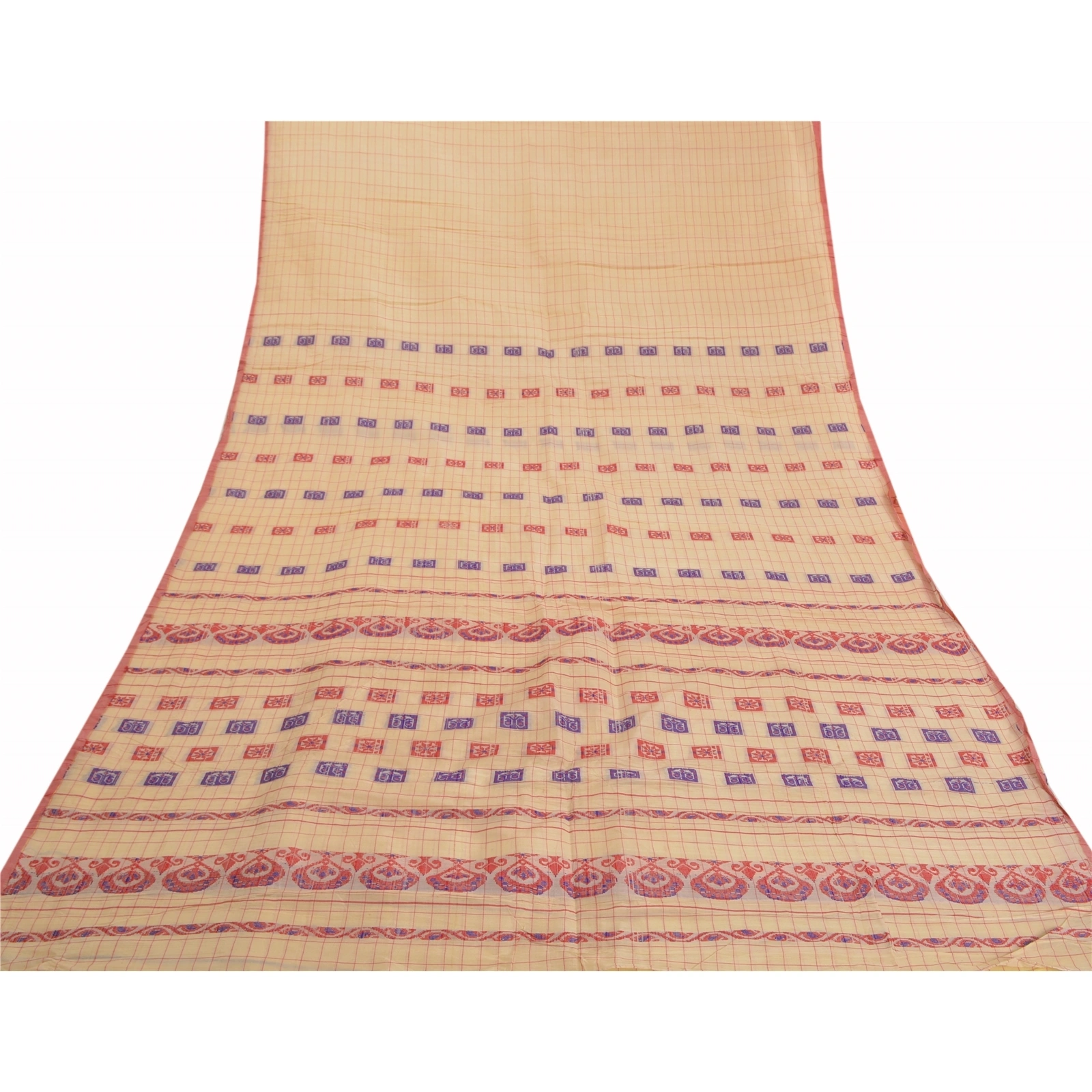 Sanskriti Vintage Sarees Pure Silk Handwoven Assam Gamosa Sari Premium Fabric, PS-58120-Cream-Hand Embroidered-Pure Silk-8