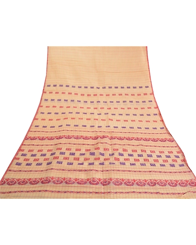 Sanskriti Vintage Sarees Pure Silk Handwoven Assam Gamosa Sari Premium Fabric, PS-58120-Cream-Hand Embroidered-Pure Silk-8