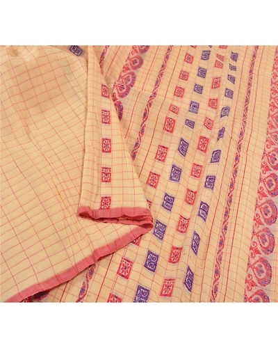 Sanskriti Vintage Sarees Pure Silk Handwoven Assam Gamosa Sari Premium Fabric, PS-58120-Cream-Hand Embroidered-Pure Silk-9