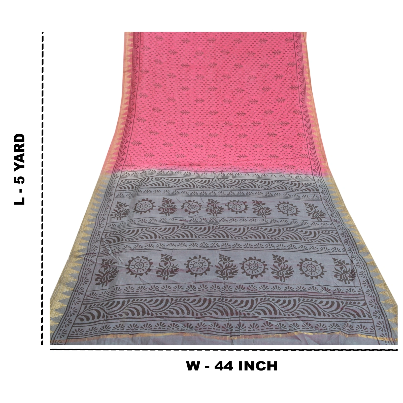 Sanskriti Vintage Indian Pink Sari Blend Silk Block Printed Sarees Craft Fabric, PS-58137-Pink &amp; Grey-Block Printed Work-Blend Silk-1