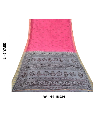 Sanskriti Vintage Indian Pink Sari Blend Silk Block Printed Sarees Craft Fabric, PS-58137-Pink &amp; Grey-Block Printed Work-Blend Silk-1