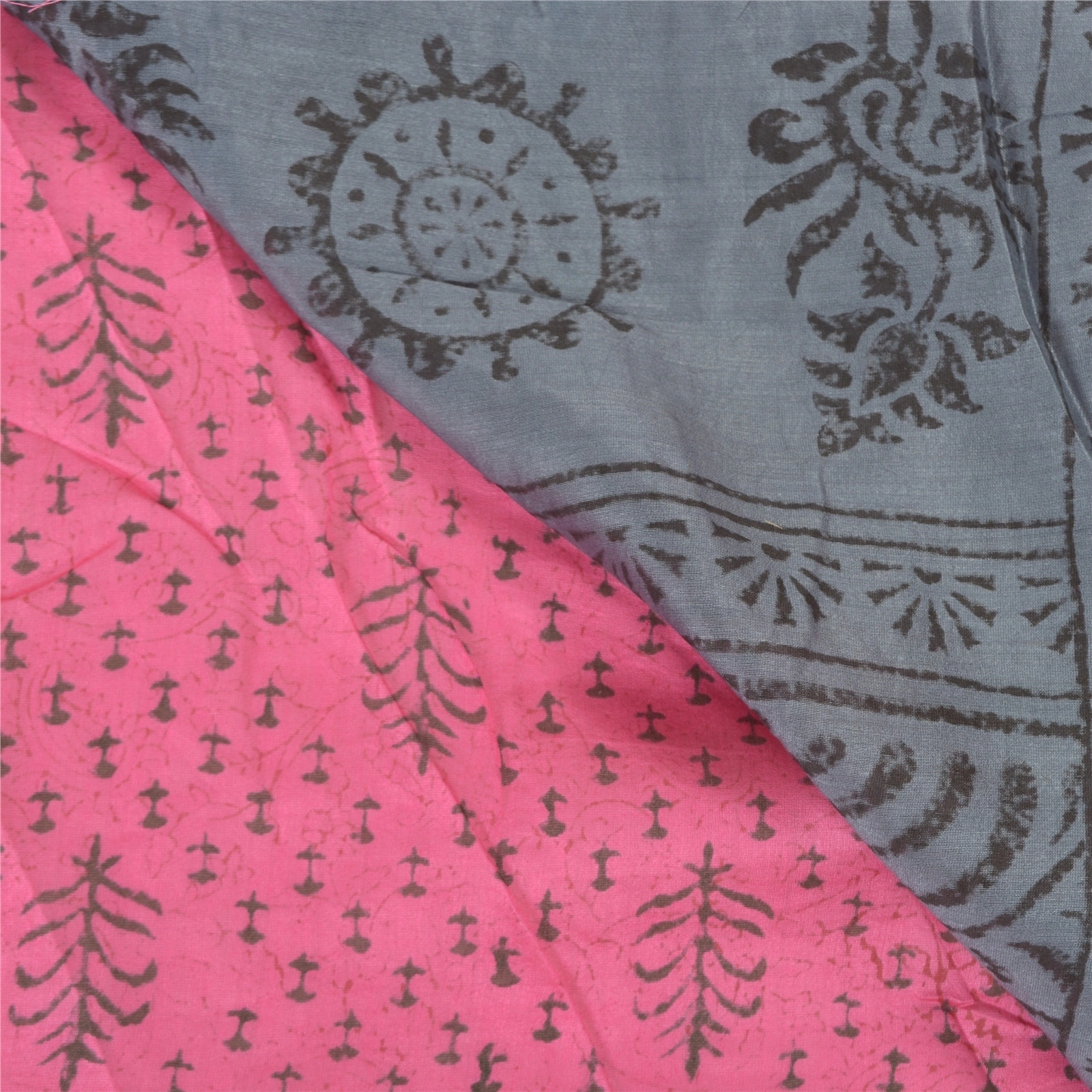 Sanskriti Vintage Indian Pink Sari Blend Silk Block Printed Sarees Craft Fabric, PS-58137-Pink &amp; Grey-Block Printed Work-Blend Silk-2