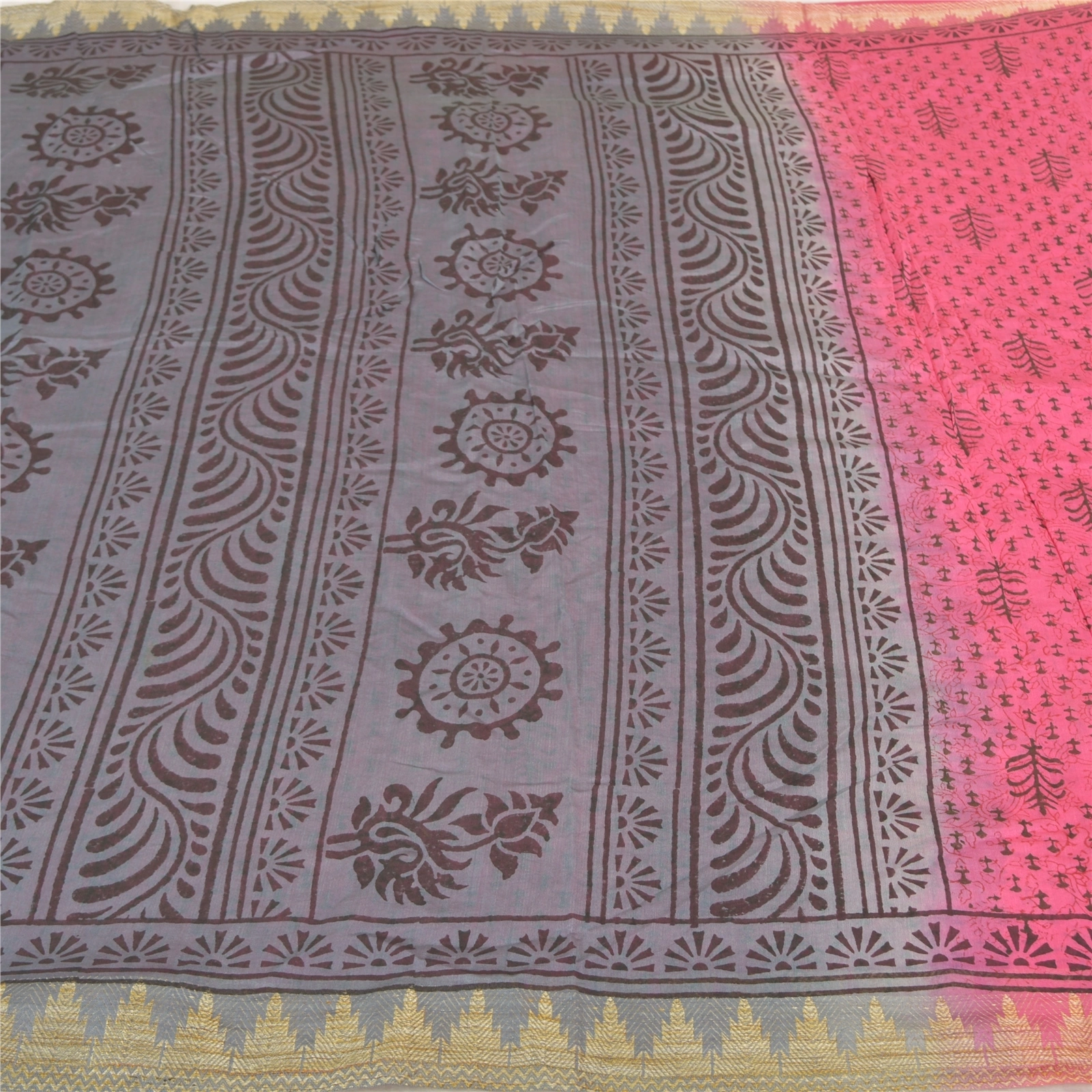 Sanskriti Vintage Indian Pink Sari Blend Silk Block Printed Sarees Craft Fabric, PS-58137-Pink &amp; Grey-Block Printed Work-Blend Silk-3