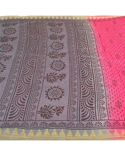 Sanskriti Vintage Indian Pink Sari Blend Silk Block Printed Sarees Craft Fabric, PS-58137-Pink &amp; Grey-Block Printed Work-Blend Silk-3