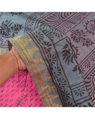 Sanskriti Vintage Indian Pink Sari Blend Silk Block Printed Sarees Craft Fabric, PS-58137-Pink &amp; Grey-Block Printed Work-Blend Silk-4