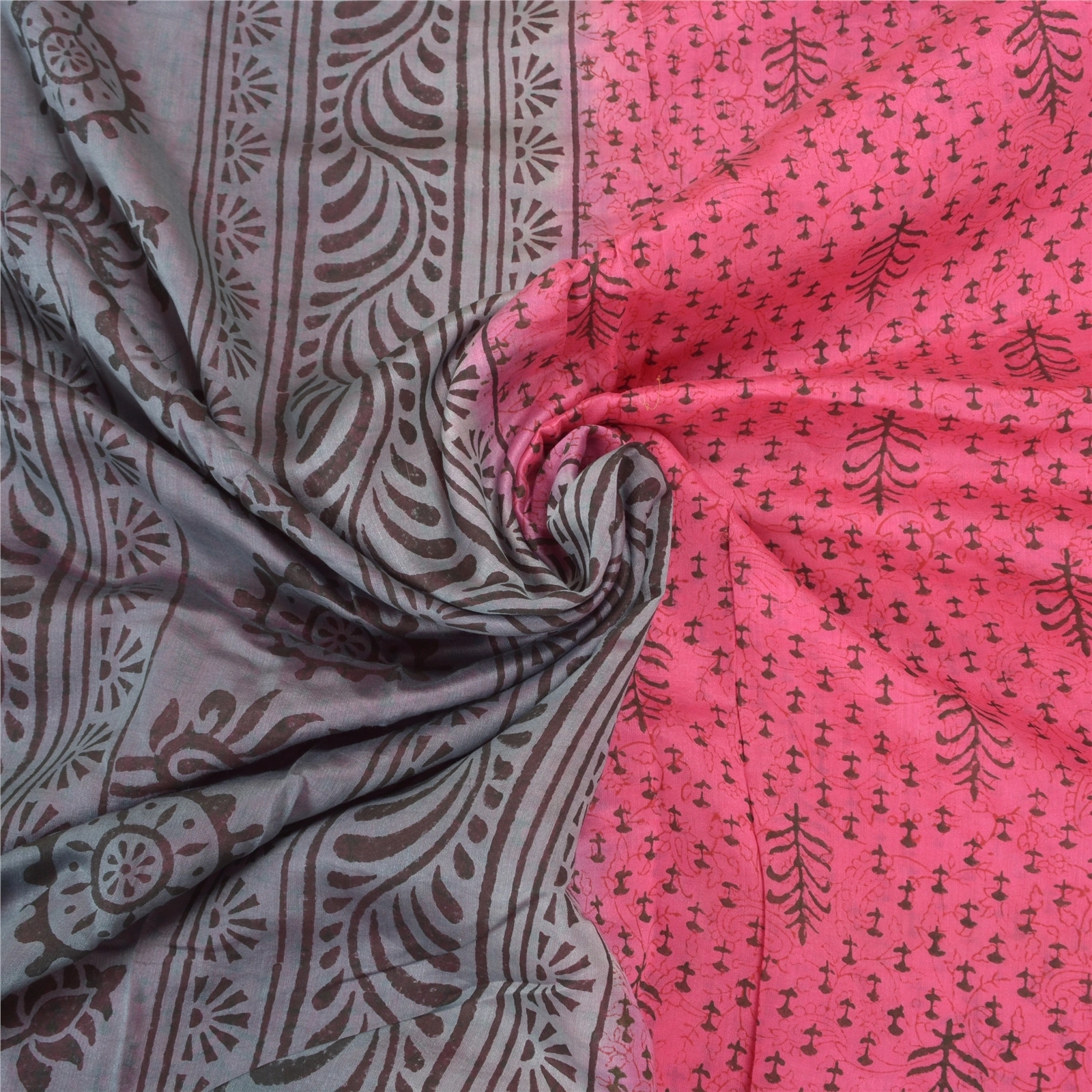 Sanskriti Vintage Indian Pink Sari Blend Silk Block Printed Sarees Craft Fabric, PS-58137-Pink &amp; Grey-Block Printed Work-Blend Silk-6