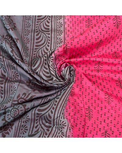 Sanskriti Vintage Indian Pink Sari Blend Silk Block Printed Sarees Craft Fabric, PS-58137-Pink &amp; Grey-Block Printed Work-Blend Silk-6