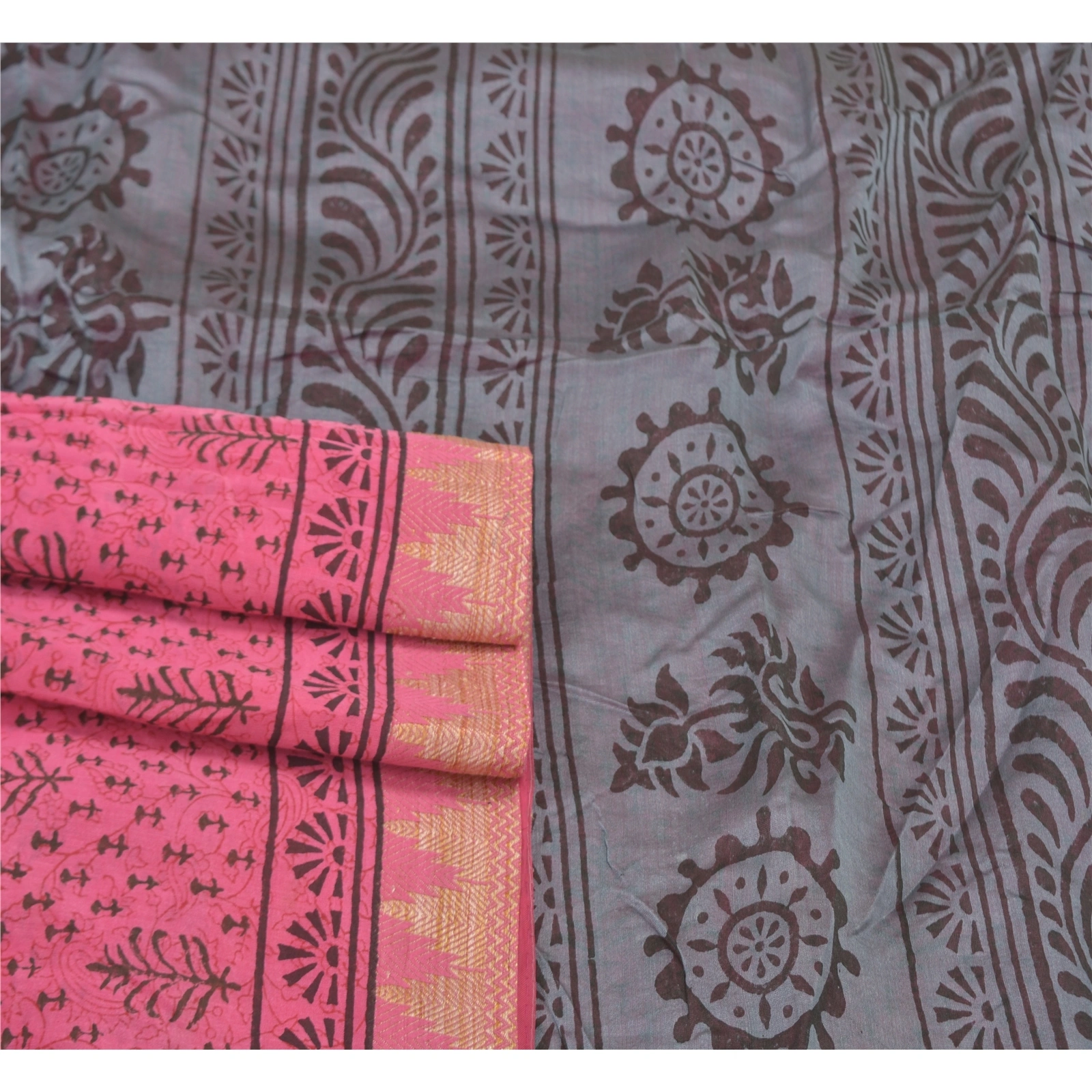 Sanskriti Vintage Indian Pink Sari Blend Silk Block Printed Sarees Craft Fabric, PS-58137-Pink &amp; Grey-Block Printed Work-Blend Silk-7