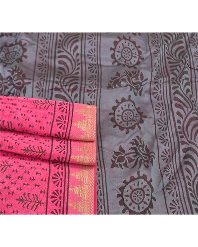 Sanskriti Vintage Indian Pink Sari Blend Silk Block Printed Sarees Craft Fabric, PS-58137-Pink &amp; Grey-Block Printed Work-Blend Silk-7