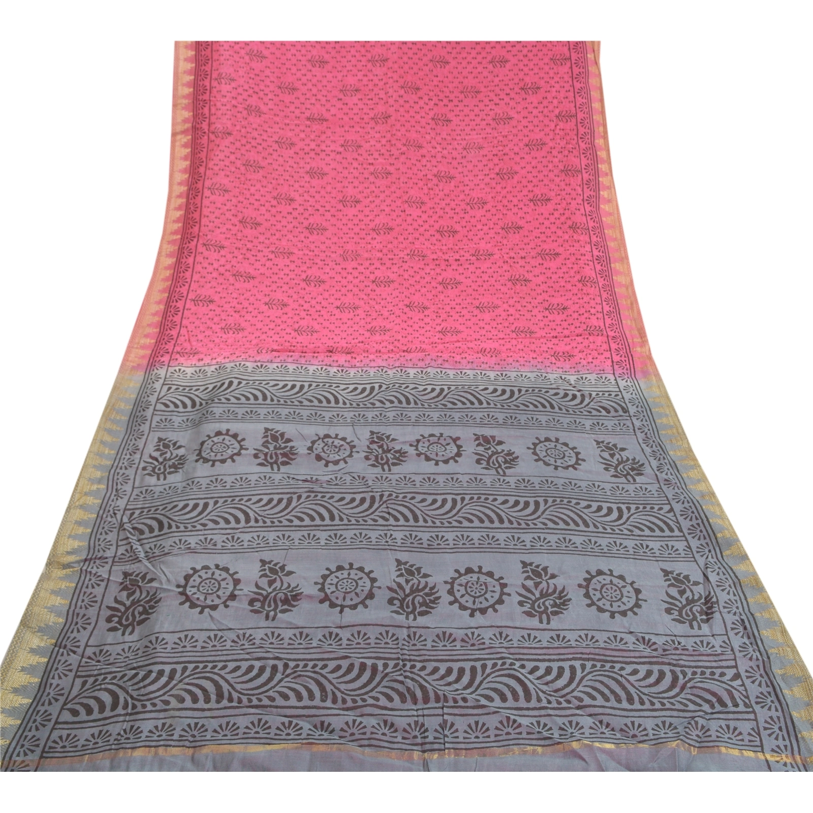 Sanskriti Vintage Indian Pink Sari Blend Silk Block Printed Sarees Craft Fabric, PS-58137-Pink &amp; Grey-Block Printed Work-Blend Silk-8