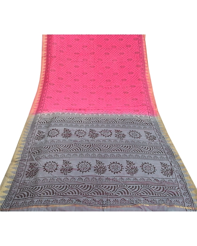 Sanskriti Vintage Indian Pink Sari Blend Silk Block Printed Sarees Craft Fabric, PS-58137-Pink &amp; Grey-Block Printed Work-Blend Silk-8