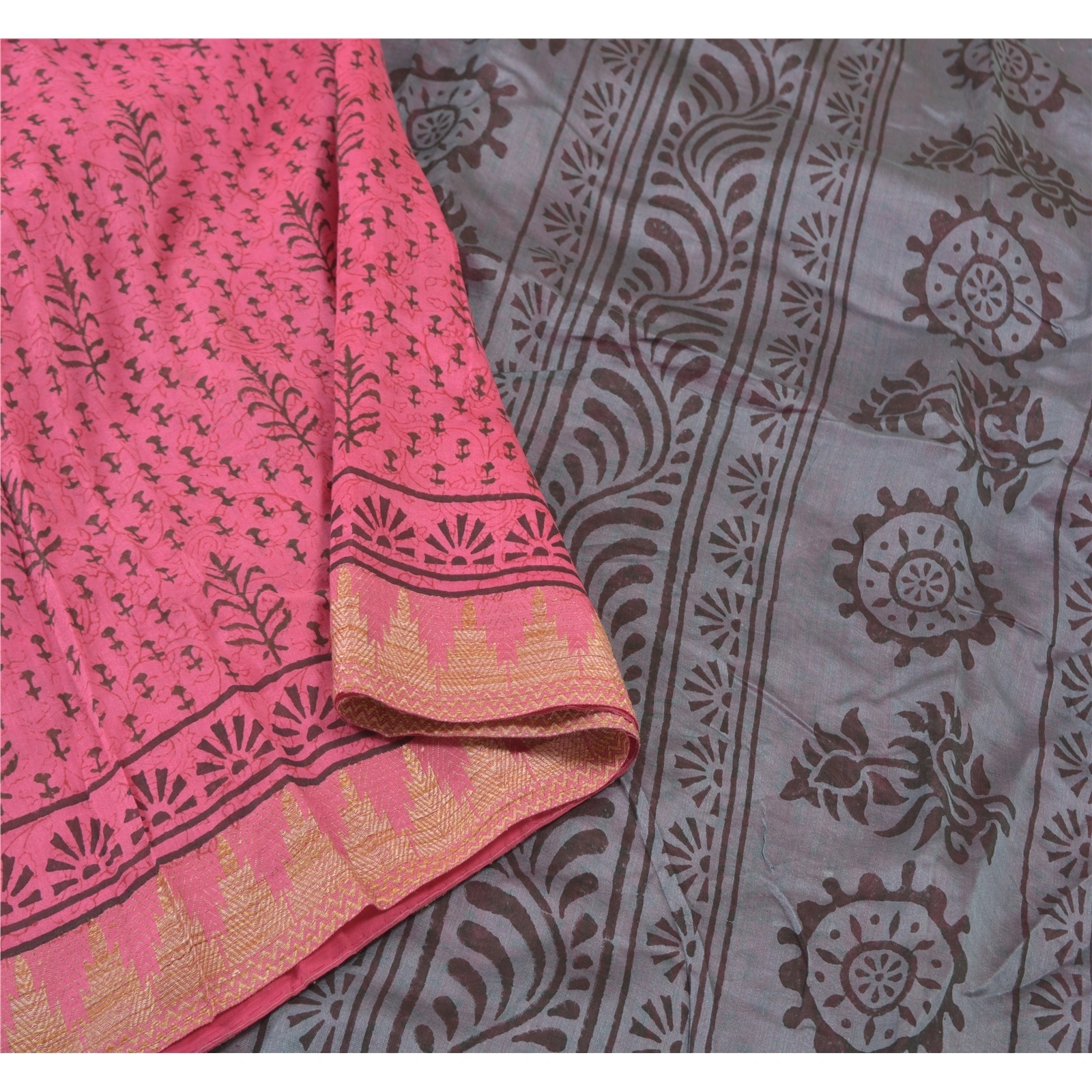 Sanskriti Vintage Indian Pink Sari Blend Silk Block Printed Sarees Craft Fabric, PS-58137-Pink &amp; Grey-Block Printed Work-Blend Silk-9