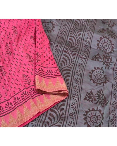 Sanskriti Vintage Indian Pink Sari Blend Silk Block Printed Sarees Craft Fabric, PS-58137-Pink &amp; Grey-Block Printed Work-Blend Silk-9
