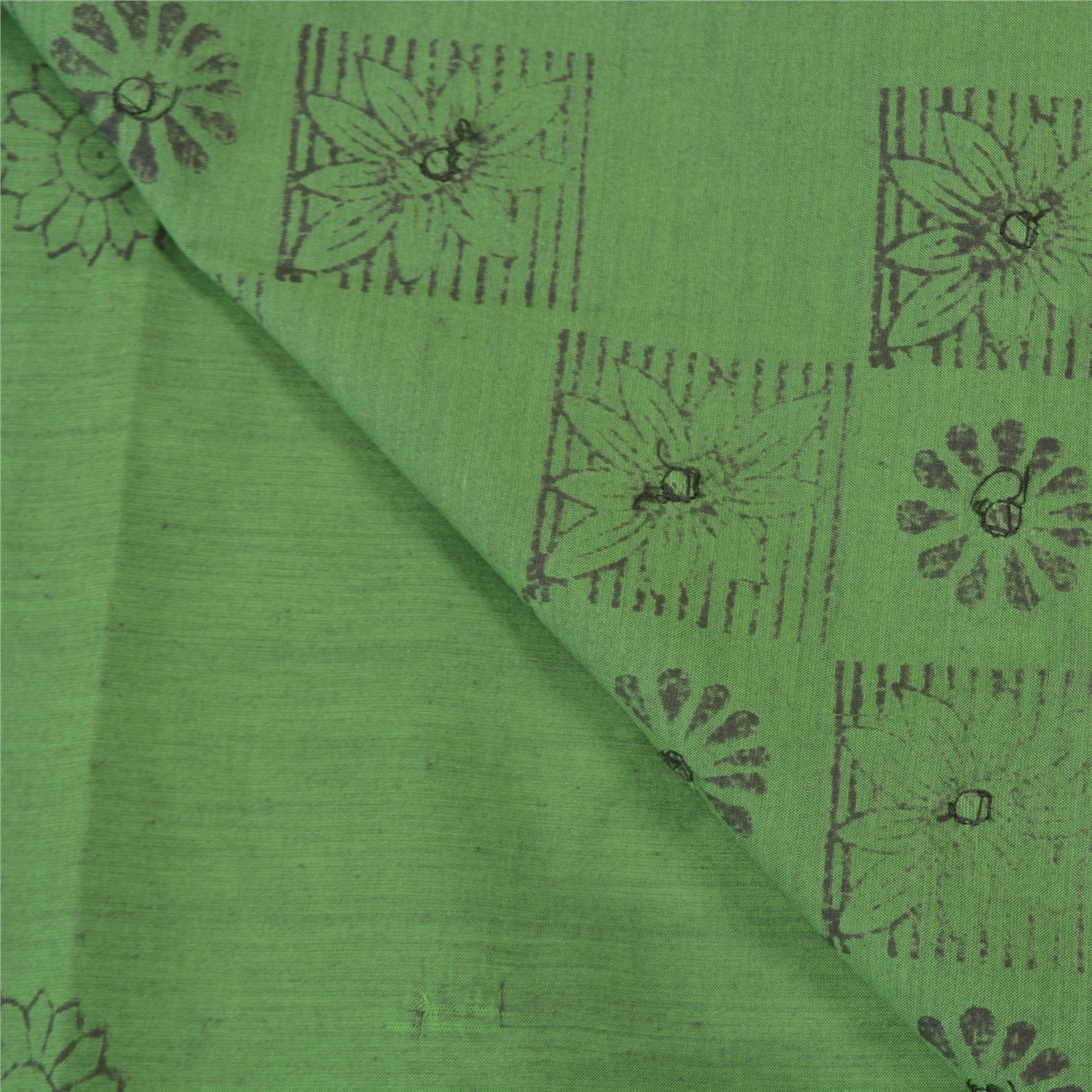 Sanskriti Vintage Green Sari Blend Silk Hand Block Printed Sarees Craft Fabric, PS-58147-Green-Block Printed Work-Blend Silk-2