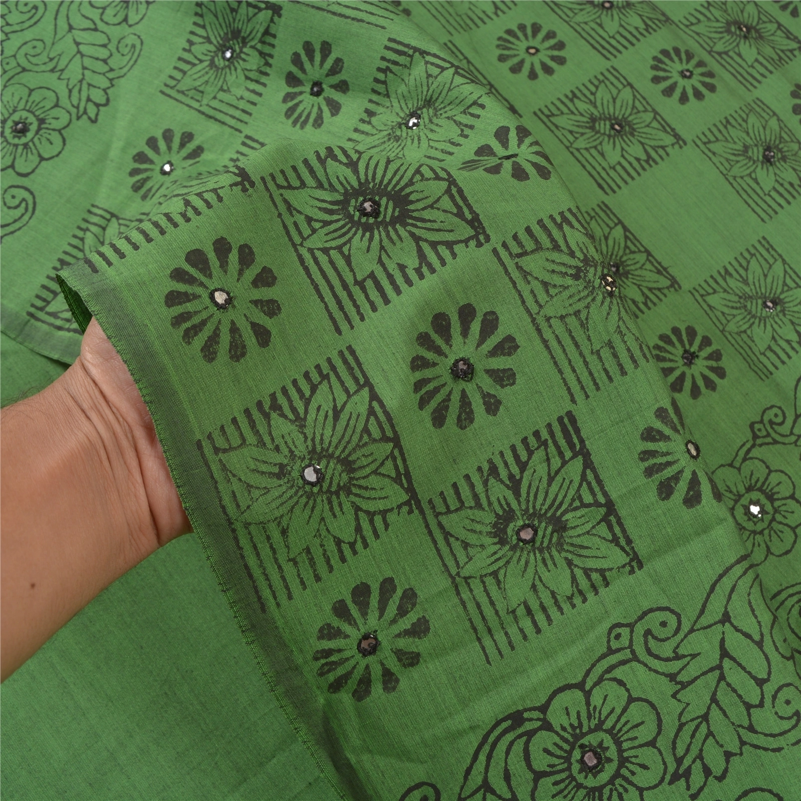 Sanskriti Vintage Green Sari Blend Silk Hand Block Printed Sarees Craft Fabric, PS-58147-Green-Block Printed Work-Blend Silk-4