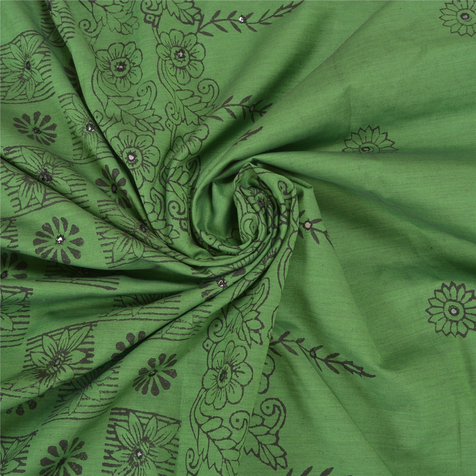 Sanskriti Vintage Green Sari Blend Silk Hand Block Printed Sarees Craft Fabric, PS-58147-Green-Block Printed Work-Blend Silk-6