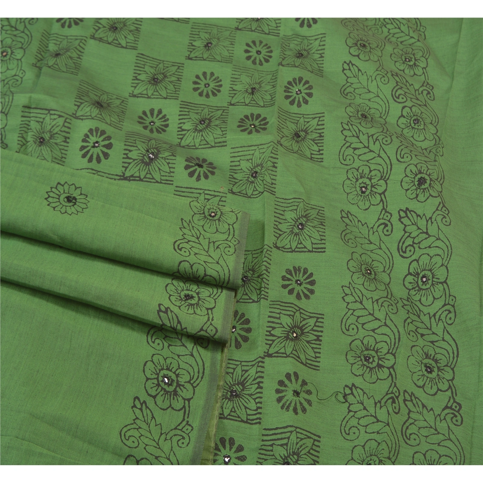 Sanskriti Vintage Green Sari Blend Silk Hand Block Printed Sarees Craft Fabric, PS-58147-Green-Block Printed Work-Blend Silk-7