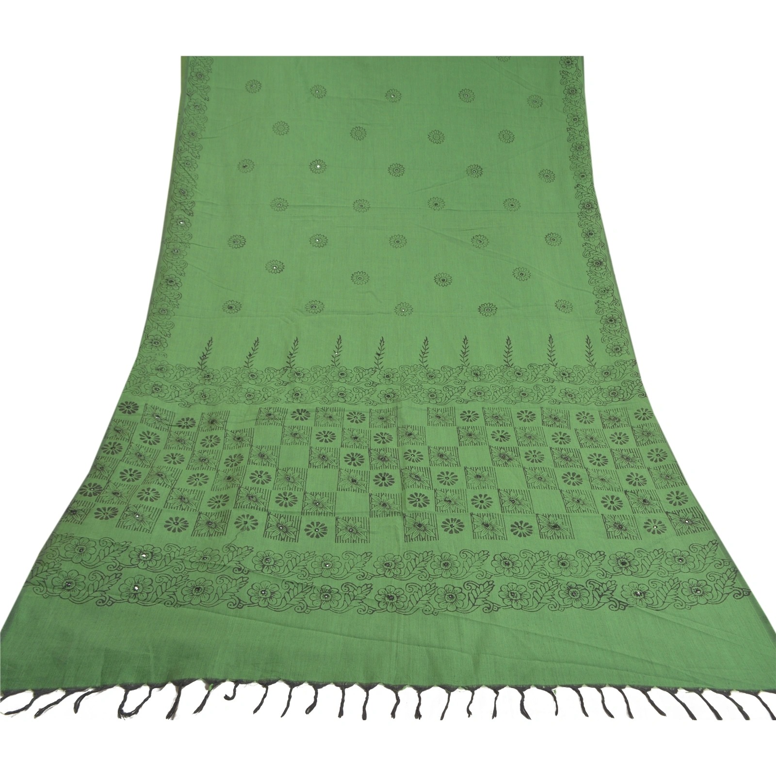 Sanskriti Vintage Green Sari Blend Silk Hand Block Printed Sarees Craft Fabric, PS-58147-Green-Block Printed Work-Blend Silk-8