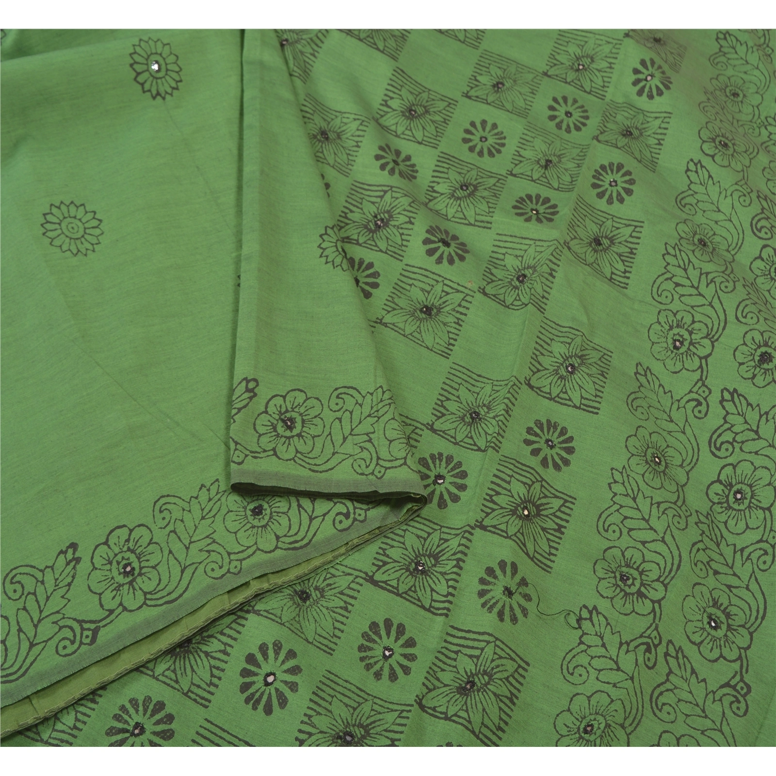 Sanskriti Vintage Green Sari Blend Silk Hand Block Printed Sarees Craft Fabric, PS-58147-Green-Block Printed Work-Blend Silk-9