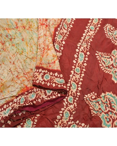 Sanskriti Vintage Ivory Sari 100% Pure Silk Batik Work Sarees 5 Yard Fabric, PS-58157-Shade Of Dark Red &amp; Ivory-Batik Work-100% Pure Silk-1
