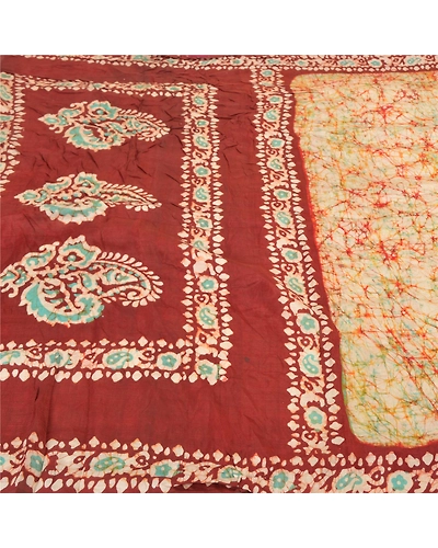 Sanskriti Vintage Ivory Sari 100% Pure Silk Batik Work Sarees 5 Yard Fabric, PS-58157-Shade Of Dark Red &amp; Ivory-Batik Work-100% Pure Silk-3