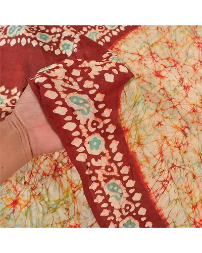 Sanskriti Vintage Ivory Sari 100% Pure Silk Batik Work Sarees 5 Yard Fabric, PS-58157-Shade Of Dark Red &amp; Ivory-Batik Work-100% Pure Silk-4