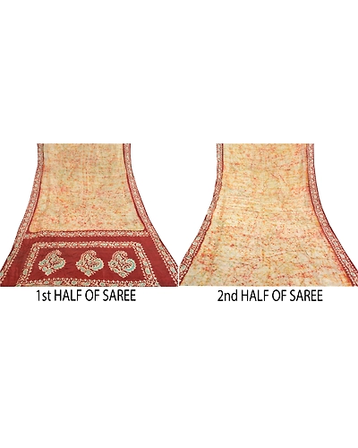 Sanskriti Vintage Ivory Sari 100% Pure Silk Batik Work Sarees 5 Yard Fabric, PS-58157-Shade Of Dark Red &amp; Ivory-Batik Work-100% Pure Silk-5