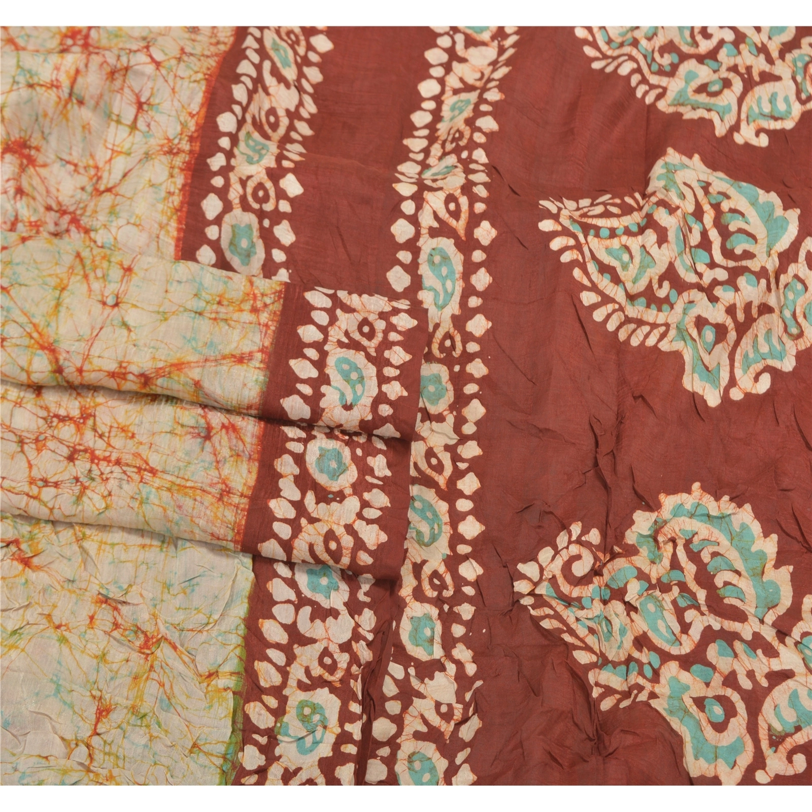 Sanskriti Vintage Ivory Sari 100% Pure Silk Batik Work Sarees 5 Yard Fabric, PS-58157-Shade Of Dark Red &amp; Ivory-Batik Work-100% Pure Silk-7