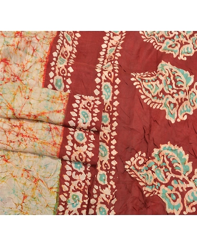 Sanskriti Vintage Ivory Sari 100% Pure Silk Batik Work Sarees 5 Yard Fabric, PS-58157-Shade Of Dark Red &amp; Ivory-Batik Work-100% Pure Silk-7