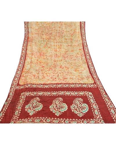 Sanskriti Vintage Ivory Sari 100% Pure Silk Batik Work Sarees 5 Yard Fabric, PS-58157-Shade Of Dark Red &amp; Ivory-Batik Work-100% Pure Silk-8