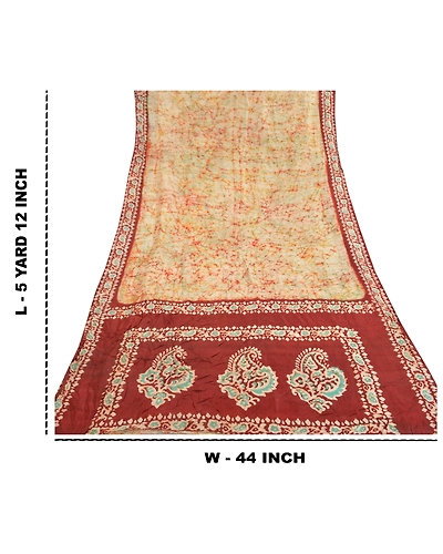 Sanskriti Vintage Ivory Sari 100% Pure Silk Batik Work Sarees 5 Yard Fabric, PS-58157-Shade Of Dark Red &amp; Ivory-Batik Work-100% Pure Silk-9