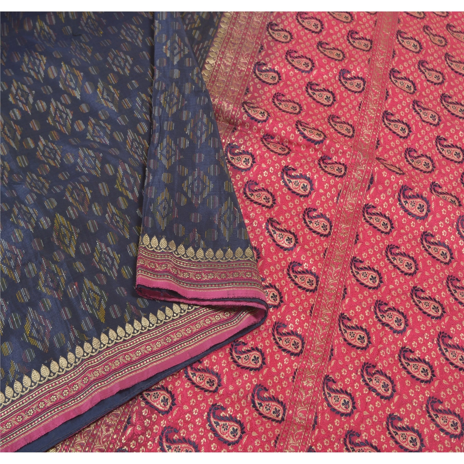 Sanskriti Vintage Sarees Pure Silk Woven Brocade &amp; Handmade Kantha Sari Fabric, PS-58158-Blue &amp; Pink-Zari Work-100% Pure Silk-1