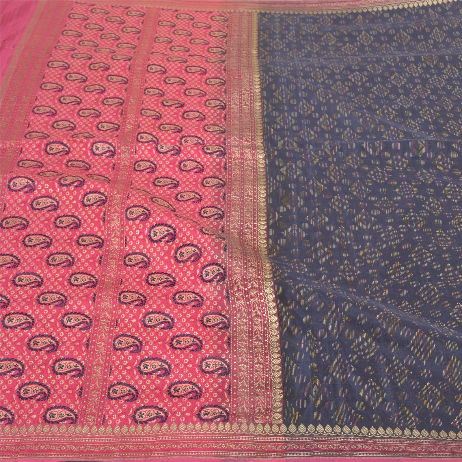 Sanskriti Vintage Sarees Pure Silk Woven Brocade &amp; Handmade Kantha Sari Fabric, PS-58158-Blue &amp; Pink-Zari Work-100% Pure Silk-3