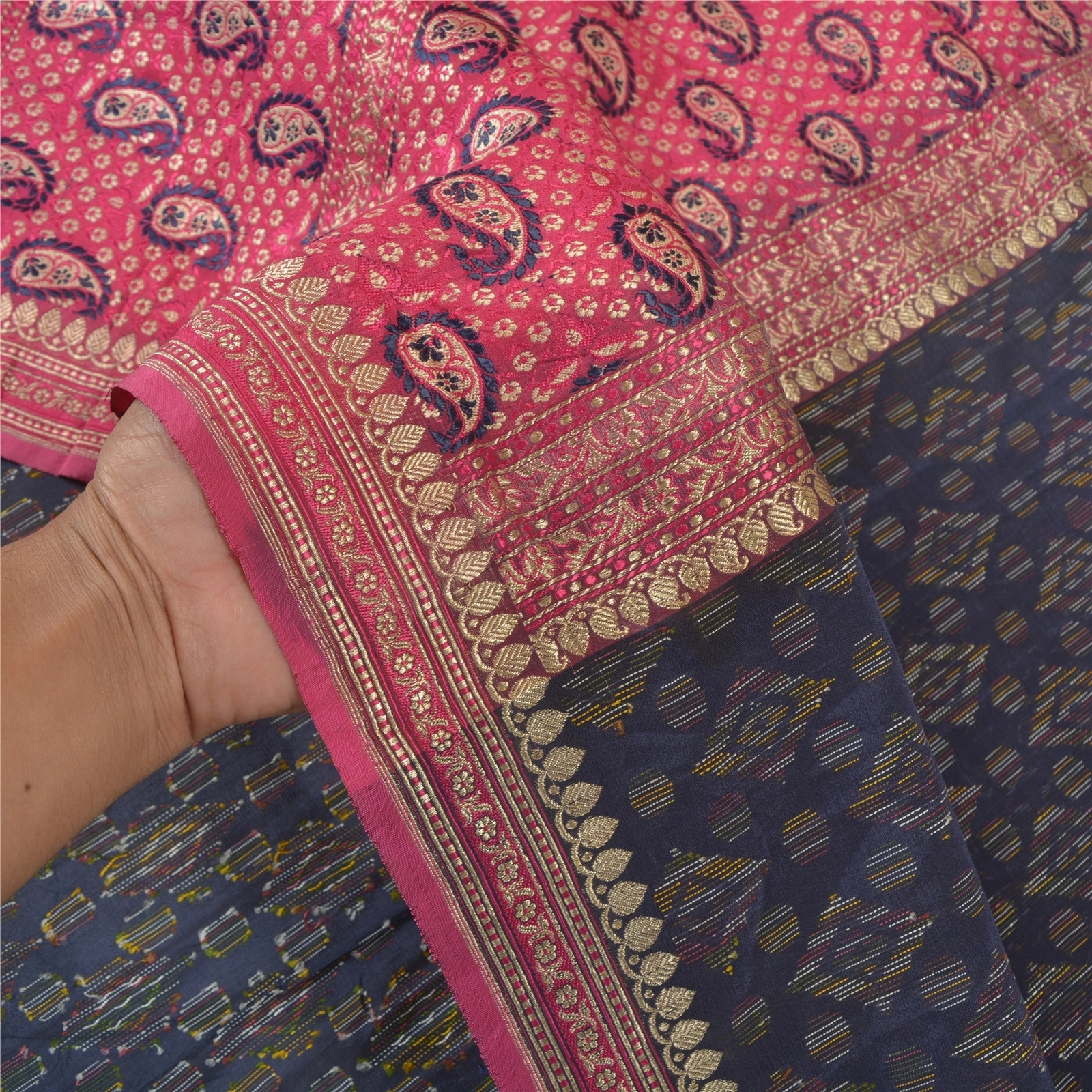 Sanskriti Vintage Sarees Pure Silk Woven Brocade &amp; Handmade Kantha Sari Fabric, PS-58158-Blue &amp; Pink-Zari Work-100% Pure Silk-4