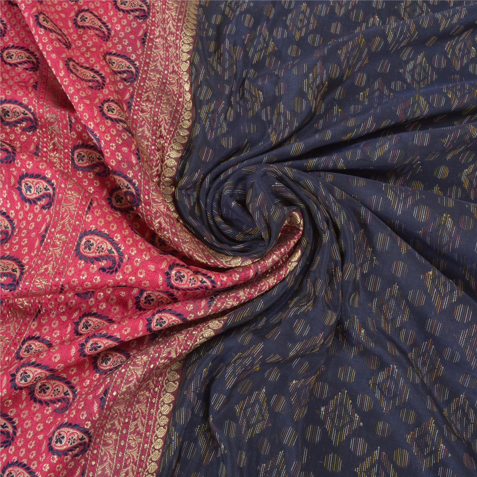 Sanskriti Vintage Sarees Pure Silk Woven Brocade &amp; Handmade Kantha Sari Fabric, PS-58158-Blue &amp; Pink-Zari Work-100% Pure Silk-6