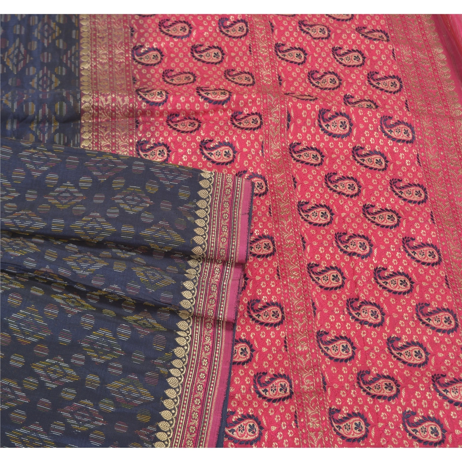 Sanskriti Vintage Sarees Pure Silk Woven Brocade &amp; Handmade Kantha Sari Fabric, PS-58158-Blue &amp; Pink-Zari Work-100% Pure Silk-7