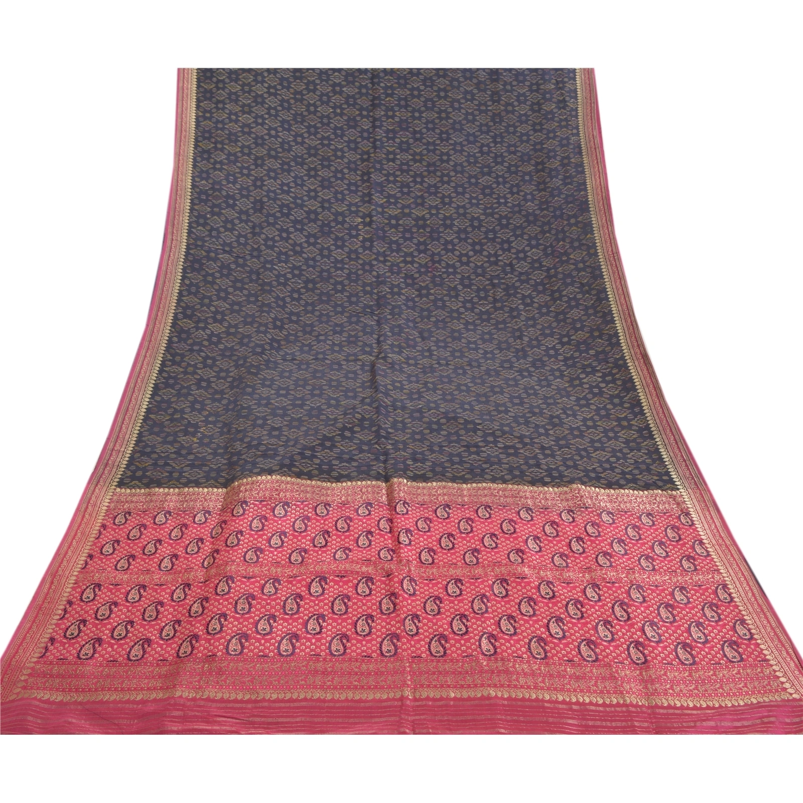 Sanskriti Vintage Sarees Pure Silk Woven Brocade &amp; Handmade Kantha Sari Fabric, PS-58158-Blue &amp; Pink-Zari Work-100% Pure Silk-8