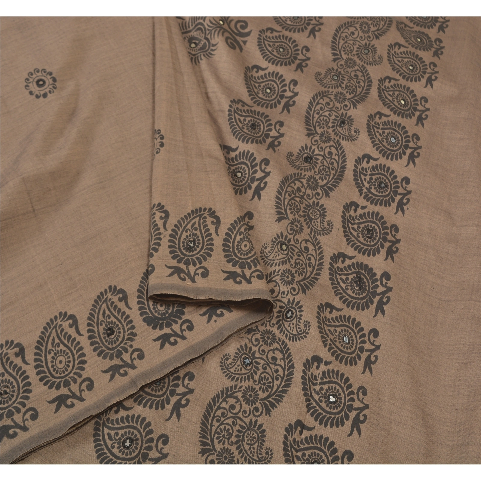 Sanskriti Vintage Indian Brown Sari Blend Silk Block Printed Sarees Craft Fabric, PS-58216-Shade Of Brown-Block Printed Work-Blend Silk-1