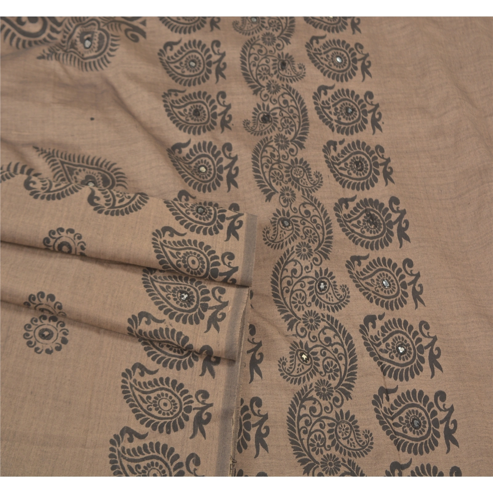 Sanskriti Vintage Indian Brown Sari Blend Silk Block Printed Sarees Craft Fabric, PS-58216-Shade Of Brown-Block Printed Work-Blend Silk-7