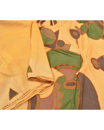 Sanskriti Vintage Indian Cream Sari 100% Pure Silk Applique Sarees 5 Yard Fabric, PS-58223-Shade Of Cream-Applique Work-100% Pure Silk-1