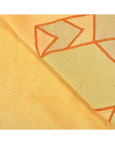 Sanskriti Vintage Indian Cream Sari 100% Pure Silk Applique Sarees 5 Yard Fabric, PS-58223-Shade Of Cream-Applique Work-100% Pure Silk-2