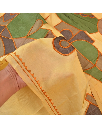 Sanskriti Vintage Indian Cream Sari 100% Pure Silk Applique Sarees 5 Yard Fabric, PS-58223-Shade Of Cream-Applique Work-100% Pure Silk-4