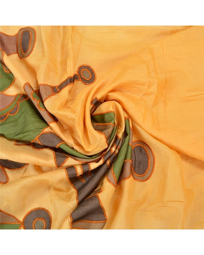 Sanskriti Vintage Indian Cream Sari 100% Pure Silk Applique Sarees 5 Yard Fabric, PS-58223-Shade Of Cream-Applique Work-100% Pure Silk-6