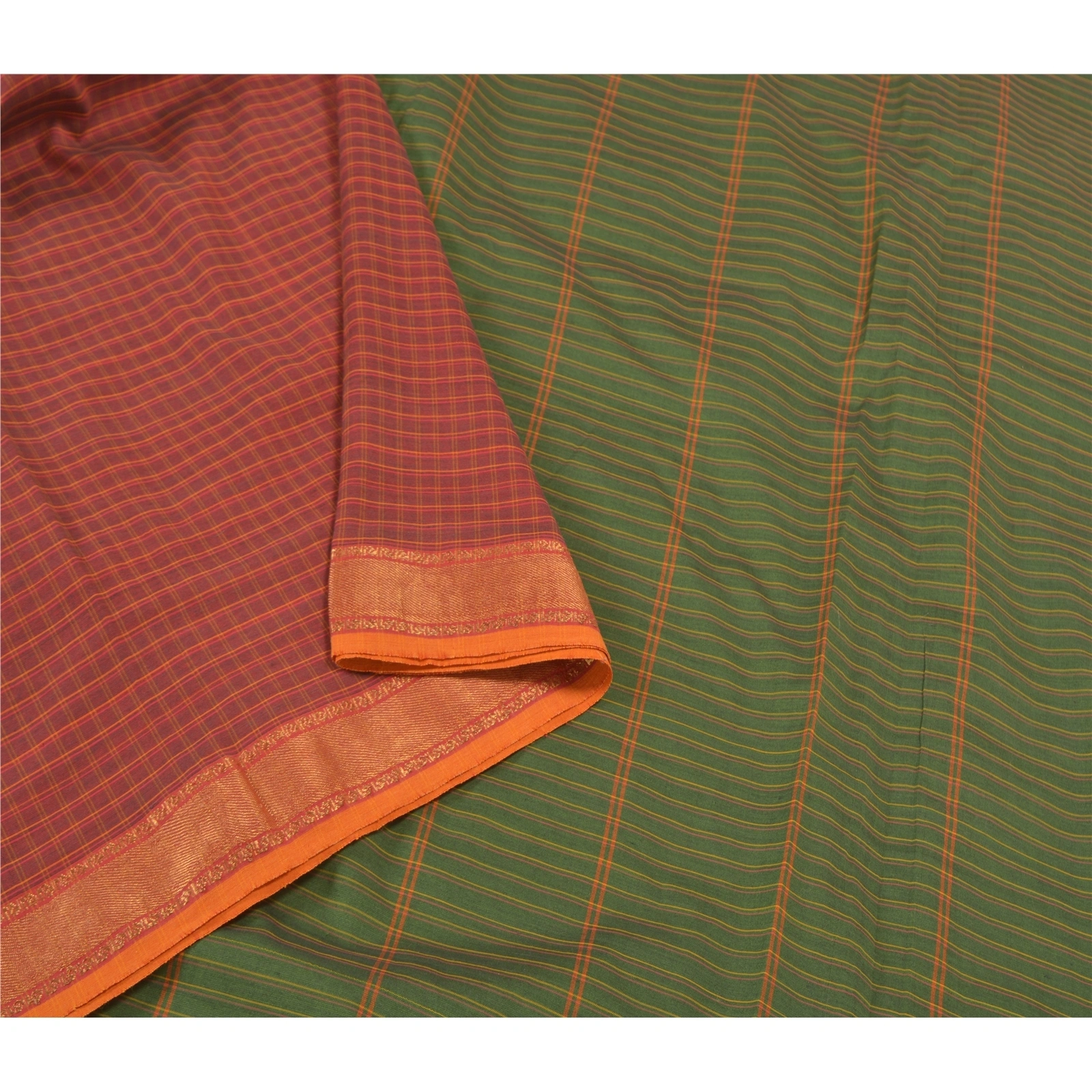 Sanskriti Vintage Green Sarees Blend Cotton Woven Chettinad/Kandangi Sari Fabric, PS-58226-Green &amp; Red-Woven Work-Blend Cotton-1