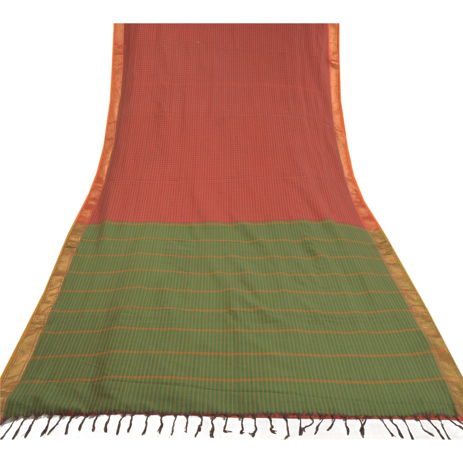 Sanskriti Vintage Green Sarees Blend Cotton Woven Chettinad/Kandangi Sari Fabric, PS-58226-Green &amp; Red-Woven Work-Blend Cotton-8