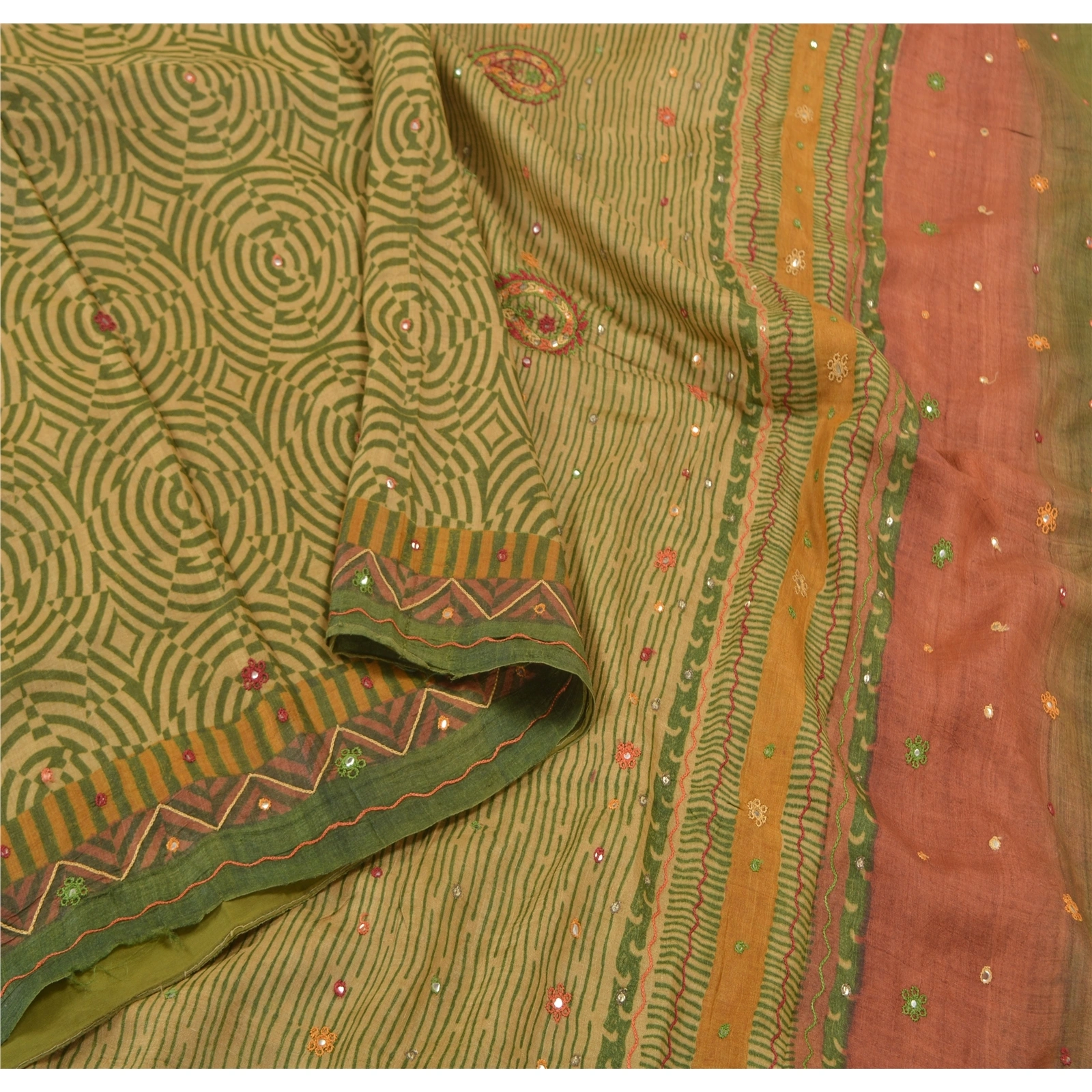 Sanskriti Vintage Green Indian Sarees 100% Pure Silk Hand Beaded Sari Fabric, PS-58229-Green-Thread Work-100% Pure Silk-1